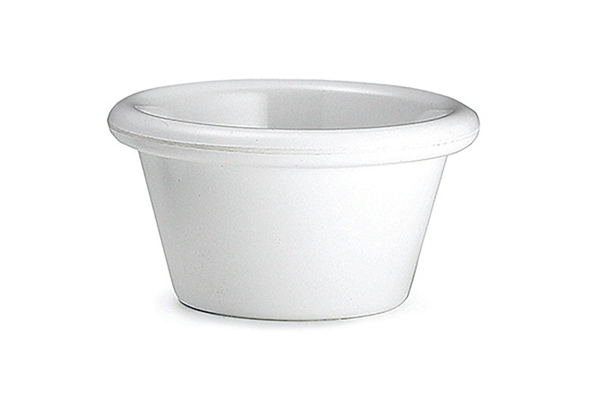 A small, white, 3 oz ceramic ramekin with a slightly flared top edge and smooth surface, photographed against a plain white background.