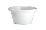 A small, white, 3 oz ceramic ramekin with a slightly flared top edge and smooth surface, photographed against a plain white background.