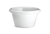 A small, white, 3 oz ceramic ramekin with a slightly flared top edge and smooth surface, photographed against a plain white background.