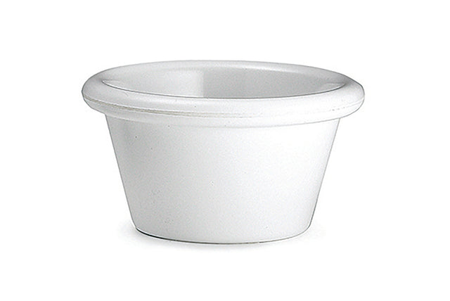 A small, white, 3 oz ceramic ramekin with a slightly flared top edge and smooth surface, photographed against a plain white background.