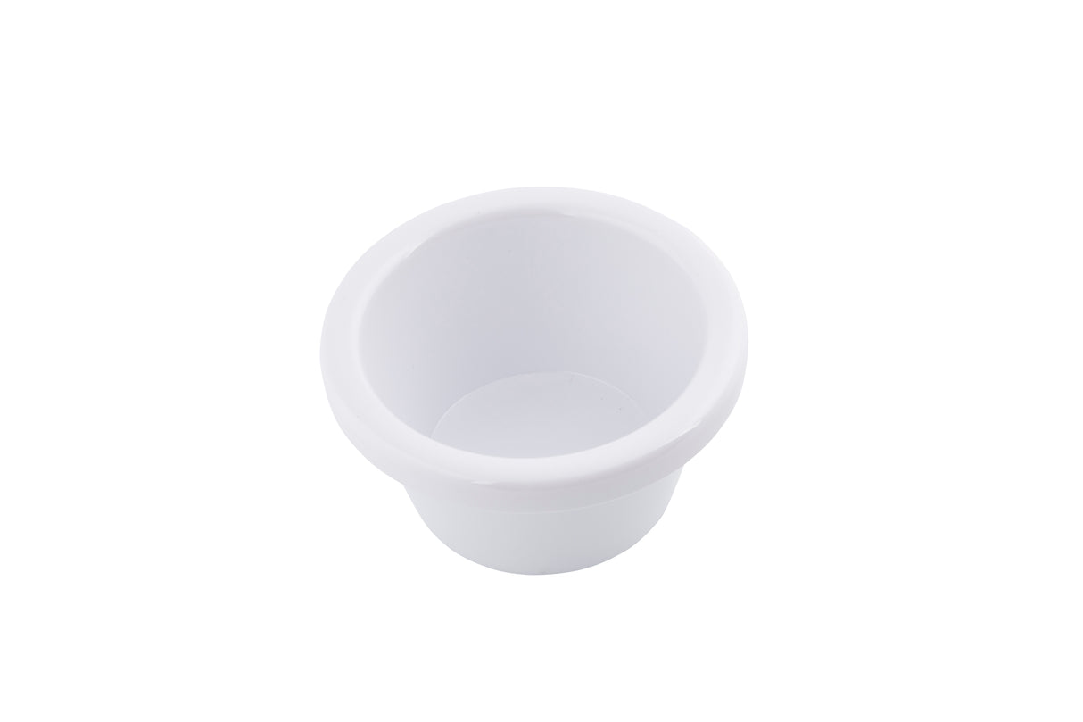 A small, round, white melamine cup with a wide rim, shown on a plain white background. This lightweight 3 oz ramekin is empty and often used for holding small portions of condiments or sauces.
