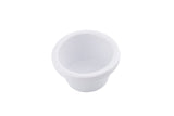 A small, round, white melamine cup with a wide rim, shown on a plain white background. This lightweight 3 oz ramekin is empty and often used for holding small portions of condiments or sauces.