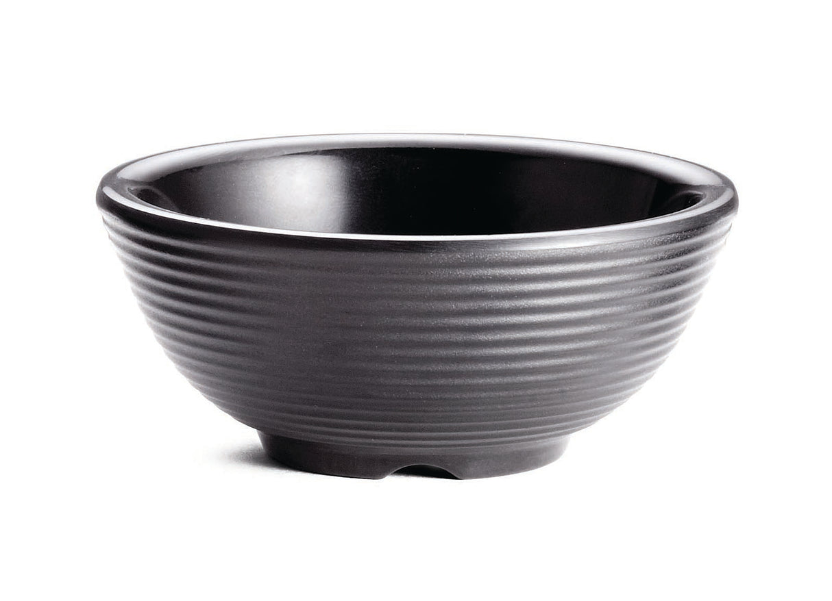 A black ceramic bowl with a slightly flared rim and horizontal ridges, set against a white background. Similar to a SaferFoods Solutions Ramekin, it features an empty interior and a small, raised foot at the base.