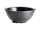 A black ceramic bowl with a slightly flared rim and horizontal ridges, set against a white background. Similar to a SaferFoods Solutions Ramekin, it features an empty interior and a small, raised foot at the base.