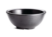 A black ceramic bowl with a slightly flared rim and horizontal ridges, set against a white background. Similar to a SaferFoods Solutions Ramekin, it features an empty interior and a small, raised foot at the base.