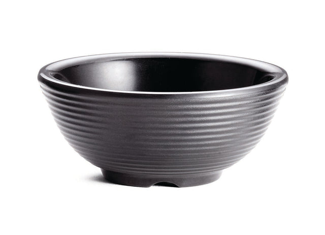 A black ceramic bowl with a slightly flared rim and horizontal ridges, set against a white background. Similar to a SaferFoods Solutions Ramekin, it features an empty interior and a small, raised foot at the base.