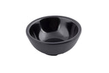 A small, black SaferFoods Solutions Ramekin with a glossy interior and matte, ribbed exterior is shown against a white background. This dishwasher safe ramekin features a smooth, curved rim and a slightly flared shape.