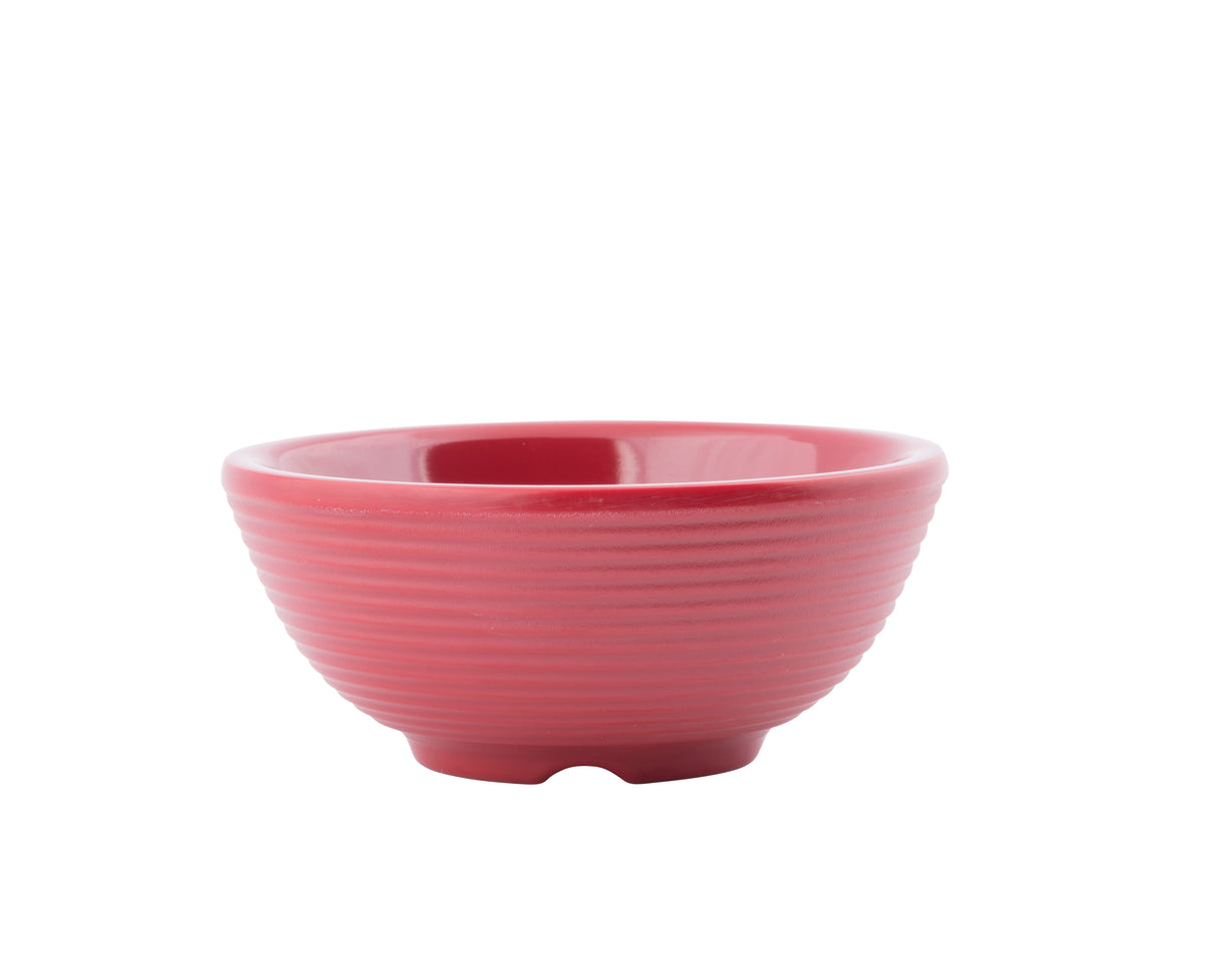 A small, round, pink ceramic ramekin with a glossy finish and horizontal ridges on the exterior, placed against a plain white background. The 4 oz bowl has a slightly flared rim and a short, sturdy base.