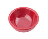 A small, empty, round red melamine ramekin with a shiny, smooth 4 oz interior and a slightly textured exterior, viewed from above on a white background.