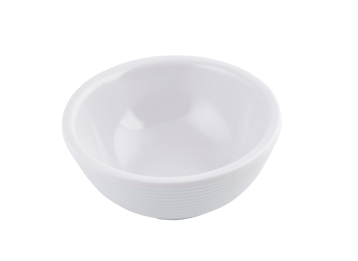 A plain, empty white SaferFoods Solutions Ramekin with a smooth glossy finish and subtle horizontal ridges on the exterior, shown against a white background. The bowl features a rounded shape and a slightly thick rim.