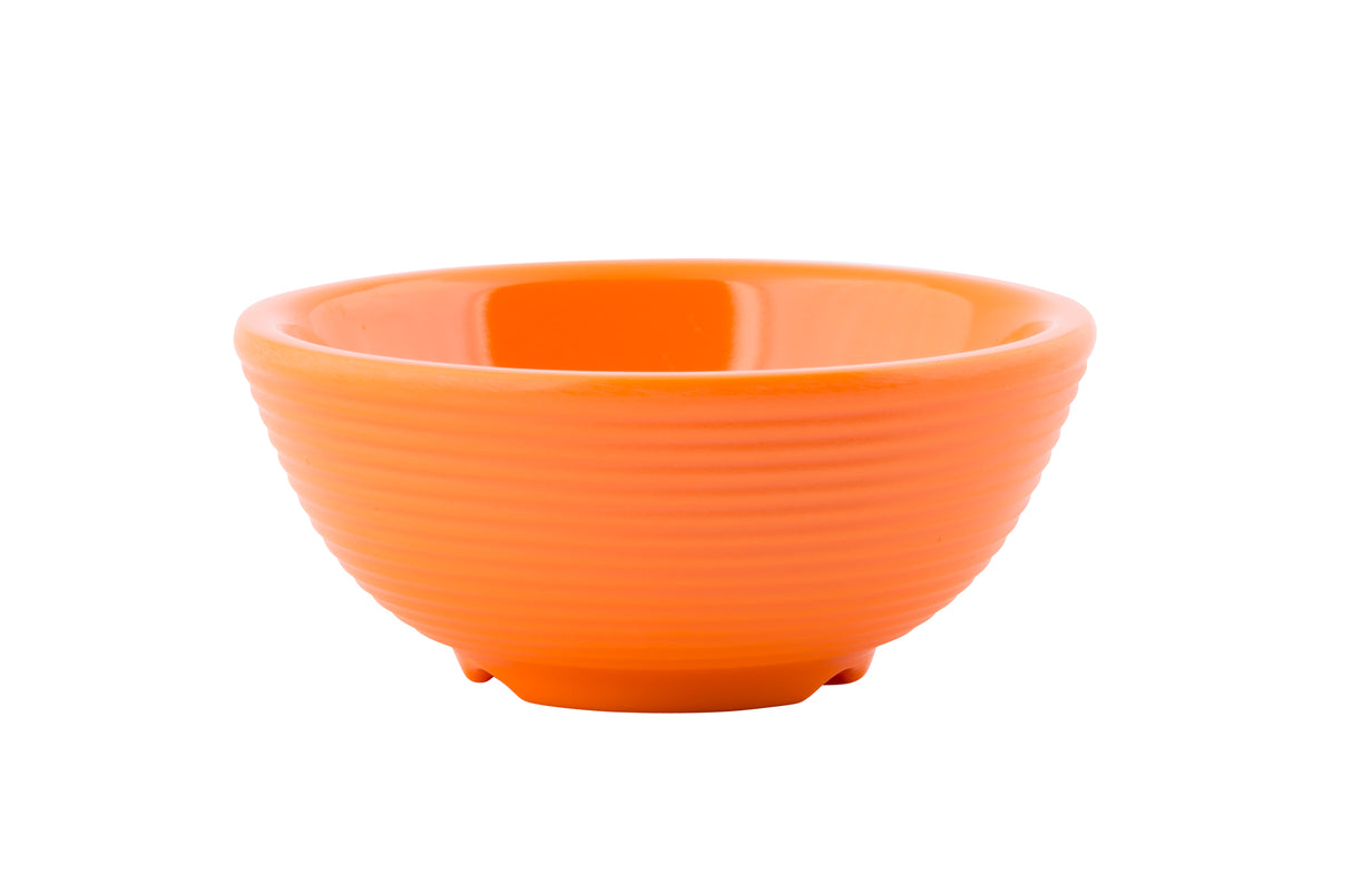 A small, round, orange ceramic ramekin with a glossy finish and horizontal ridges around the exterior, shown on a white background.