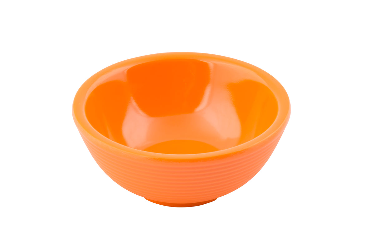 A bright orange, smooth melamine bowl with a shiny finish and subtle horizontal ridges on the exterior. Dishwasher safe, the empty ramekin rests on a white background, viewed from a slightly elevated angle.
