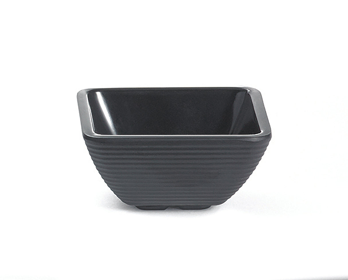 A square-shaped black melamine bowl with gently flared sides and horizontal textured ridges on the exterior, resting on a white background. The bowl has a glossy interior, matte finish outside, and is dishwasher safe.