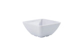 A small, empty, white melamine ramekin with slightly rounded edges and subtle horizontal ridges on the exterior, set against a plain white background. Dishwasher safe for easy cleaning.