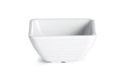 A small, square, white SaferFoods Solutions ramekin with slightly rounded corners and horizontal ridges along the exterior. The bowl has a smooth, glossy finish and is empty, photographed against a plain white background.