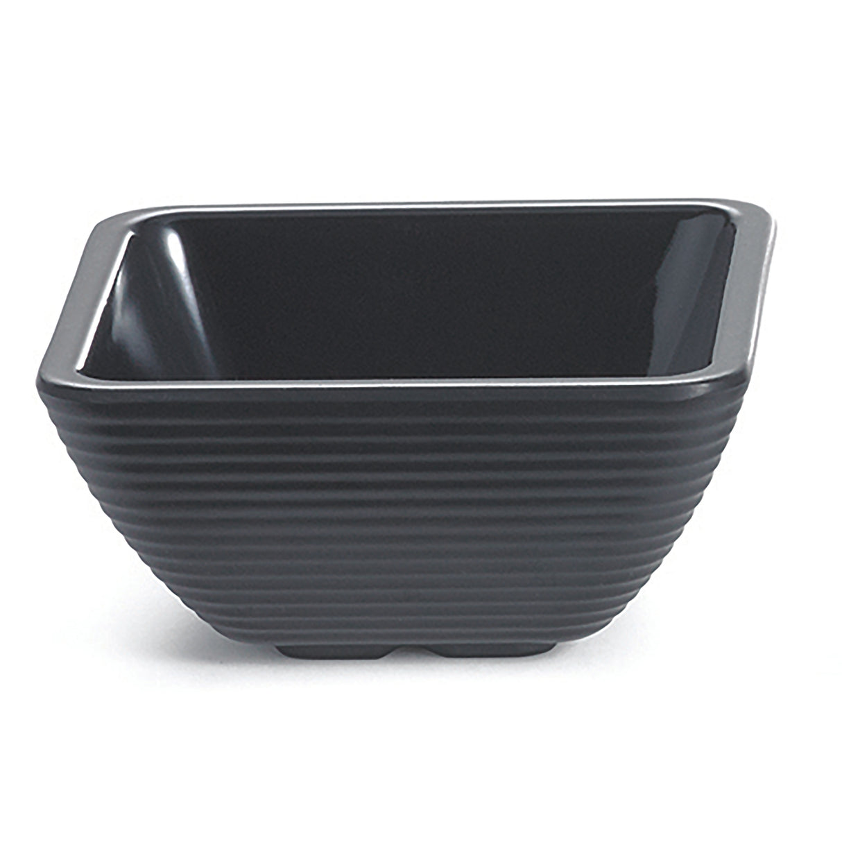 A black, square-shaped melamine bowl with gently rounded corners and horizontal ridges around the exterior. The bowl has a glossy finish inside, matte texture outside, sits on a small raised rectangular base, and is dishwasher safe.