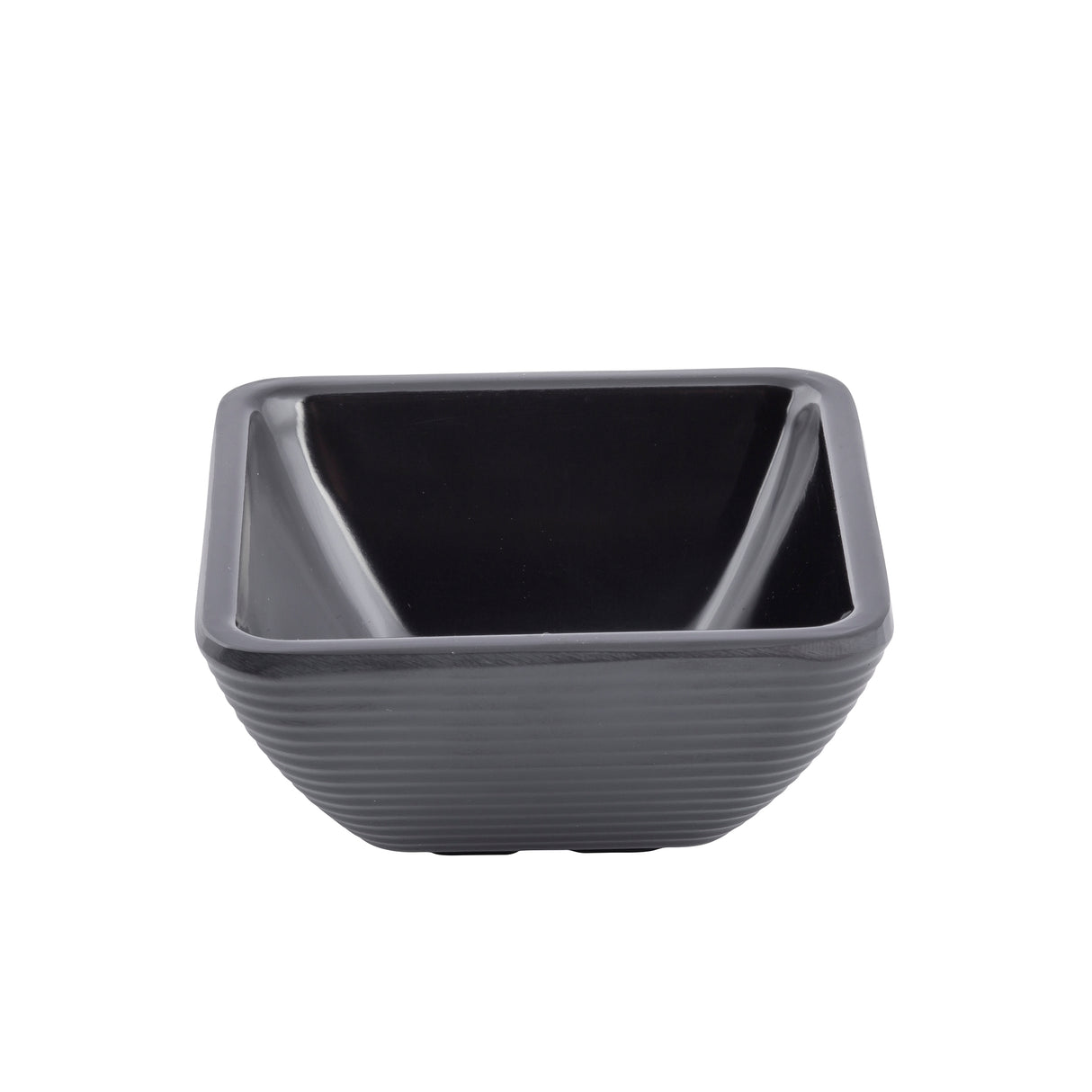 A small, empty, square-shaped ramekin made of dark grey ceramic with a glossy finish and subtle horizontal ridges on its outer surface, shown against a plain white background.
