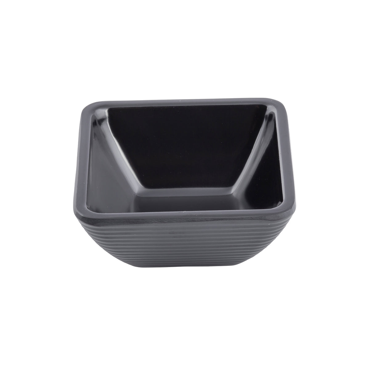 A square, black ceramic bowl with gently rounded edges and a glossy finish. The exterior has subtle horizontal ridges, while the interior is smooth. This dishwasher safe bowl is empty and placed against a plain white background.