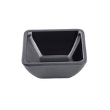 A square, black ceramic bowl with gently rounded edges and a glossy finish. The exterior has subtle horizontal ridges, while the interior is smooth. This dishwasher safe bowl is empty and placed against a plain white background.