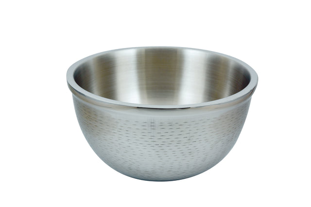 A shiny, metallic 5 qt. Remington Collection stainless steel bowl with a slightly reflective surface and subtle textured pattern, shown isolated on a white background. The bowl is empty, with its wide opening facing upward.