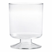 A clear glass trifle bowl with straight sides, a wide opening, and a sturdy, thick pedestal base. The bowl is empty, reminiscent of a JB Prince disposable goblet glass, and photographed against a white background.