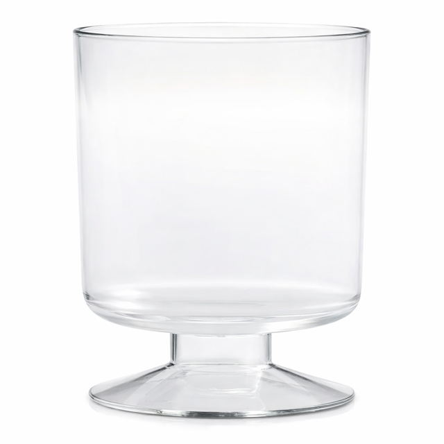 A clear glass trifle bowl with straight sides, a wide opening, and a sturdy, thick pedestal base. The bowl is empty, reminiscent of a JB Prince disposable goblet glass, and photographed against a white background.