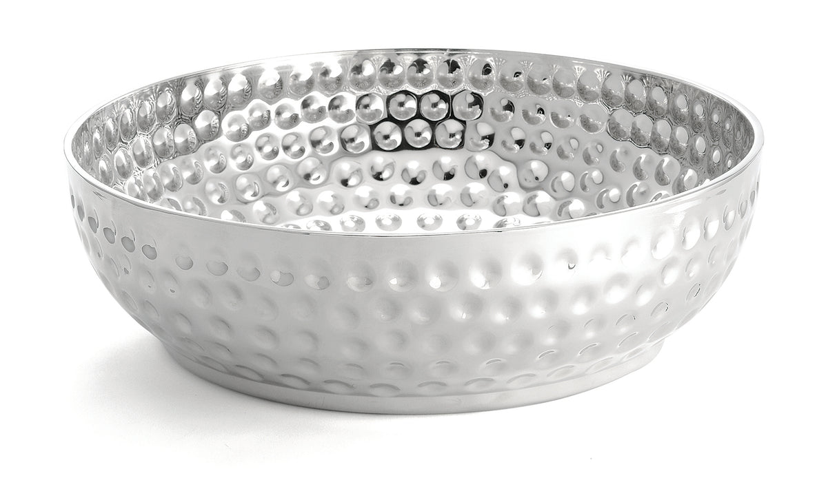 A round, shallow, stainless steel bowl with a hammered texture. The surface features evenly spaced dents, creating a reflective, dimpled pattern inside and out. Part of the Bali Bowl Collection, it rests on a flat surface and appears empty.