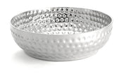 A round, shallow, stainless steel bowl with a hammered texture. The surface features evenly spaced dents, creating a reflective, dimpled pattern inside and out. Part of the Bali Bowl Collection, it rests on a flat surface and appears empty.