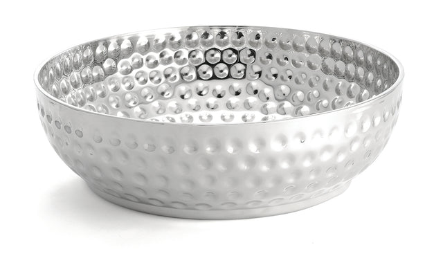 A round, shallow, stainless steel bowl with a hammered texture. The surface features evenly spaced dents, creating a reflective, dimpled pattern inside and out. Part of the Bali Bowl Collection, it rests on a flat surface and appears empty.