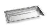 A rectangular, shallow 14 qt stainless steel bowl from the Remington Collection, featuring shiny hammered metal with sloped sides and a flat rim. Its textured surface reflects light for a polished and elegant appearance against a white background.