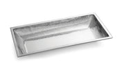 A rectangular, shallow 14 qt stainless steel bowl from the Remington Collection, featuring shiny hammered metal with sloped sides and a flat rim. Its textured surface reflects light for a polished and elegant appearance against a white background.
