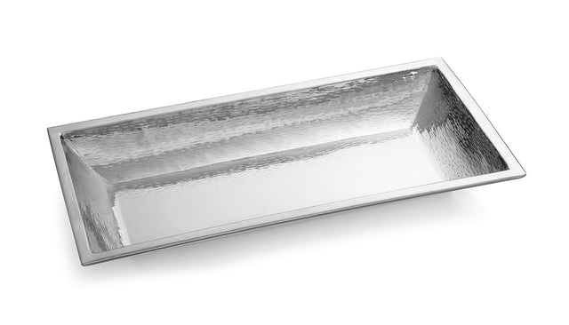 A rectangular, shallow 14 qt stainless steel bowl from the Remington Collection, featuring shiny hammered metal with sloped sides and a flat rim. Its textured surface reflects light for a polished and elegant appearance against a white background.