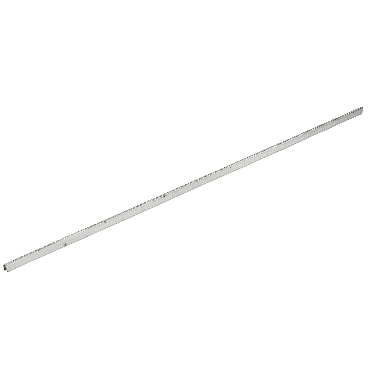 A long, silver metal ruler or straightedge with black measurement markings is shown diagonally on a white background. Its slim, rectangular profile features straight edges and a smooth, reflective surface—similar to the quality finish of a KenKut 3 dispenser.