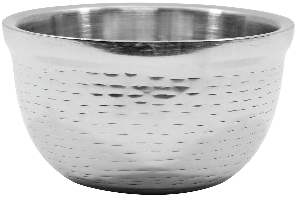 A shiny, double wall stainless steel bowl from the Remington Collection, with a slightly flared rim and rounded base. The exterior features horizontal, evenly spaced shallow indentations for texture, while the interior remains smooth and reflective.