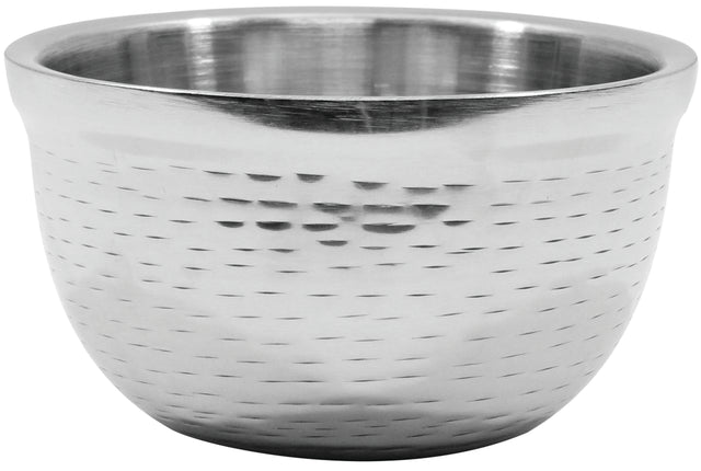 A shiny, double wall stainless steel bowl from the Remington Collection, with a slightly flared rim and rounded base. The exterior features horizontal, evenly spaced shallow indentations for texture, while the interior remains smooth and reflective.