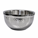 A shiny Remington Collection Bowl with a hammered texture on its exterior. This double wall bowl is round with a wide opening and smooth rim, set against a white background. The inside of the stainless steel bowl is polished and reflective.