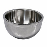 A shiny, round stainless steel mixing bowl from the Remington Collection Bowl features a brushed finish and textured pattern on the outside. The double wall bowl design offers insulation, with a wide rim and reflective interior, set on a white background.