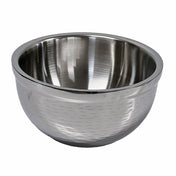 A shiny, round stainless steel mixing bowl from the Remington Collection Bowl features a brushed finish and textured pattern on the outside. The double wall bowl design offers insulation, with a wide rim and reflective interior, set on a white background.