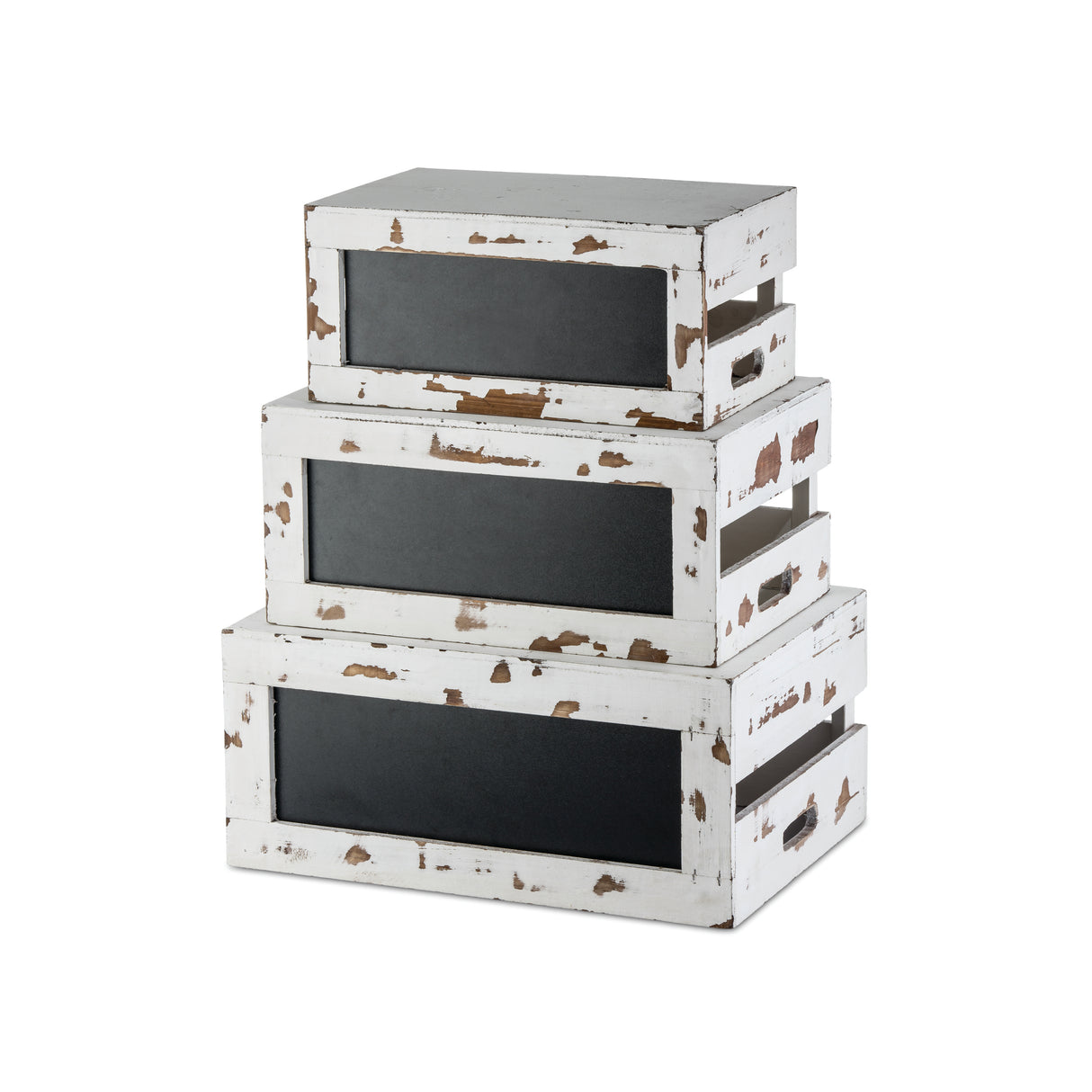 Three stacked, rectangular vintage-style distressed wood crates with black panels create a nesting crate set. Each Rustic Risers Crate Set box is slightly smaller than the one below it, forming a charming tiered effect on a plain white background.