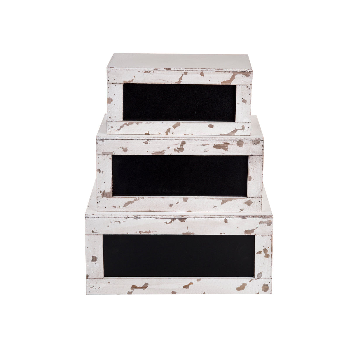 Three distressed wood crate boxes of varying sizes are stacked, each with a black chalkboard label. This nesting crate set features chipped white paint for a weathered look, perfect for rustic décor. The background is white.