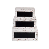 Three distressed wood crate boxes of varying sizes are stacked, each with a black chalkboard label. This nesting crate set features chipped white paint for a weathered look, perfect for rustic décor. The background is white.
