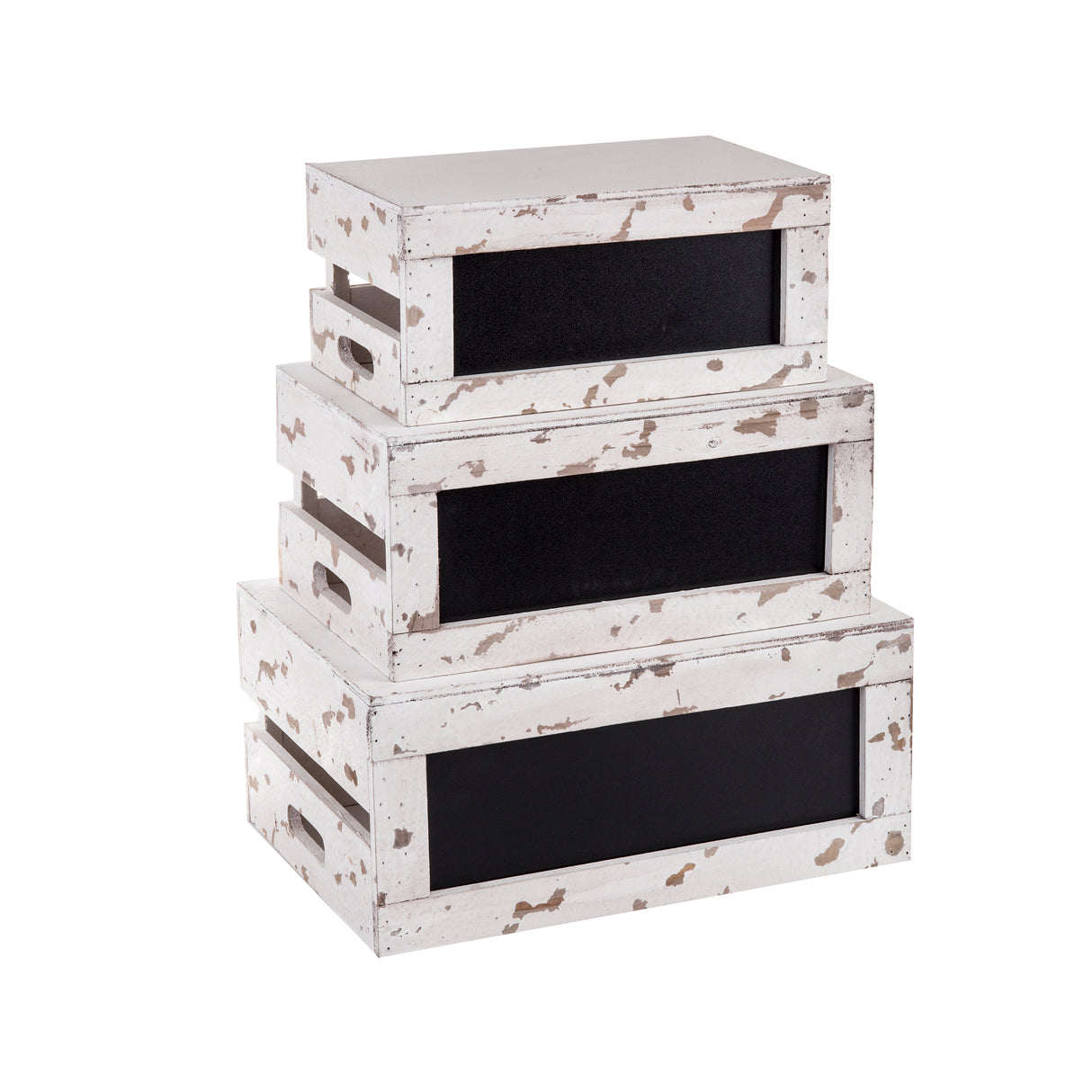 Three weathered, white wooden crates with black chalkboard panels are stacked as a Rustic Risers Crate Set. Each distressed wood crate has rectangular cut-out handles and a vintage look, perfect for adding rustic charm. The background is plain white.