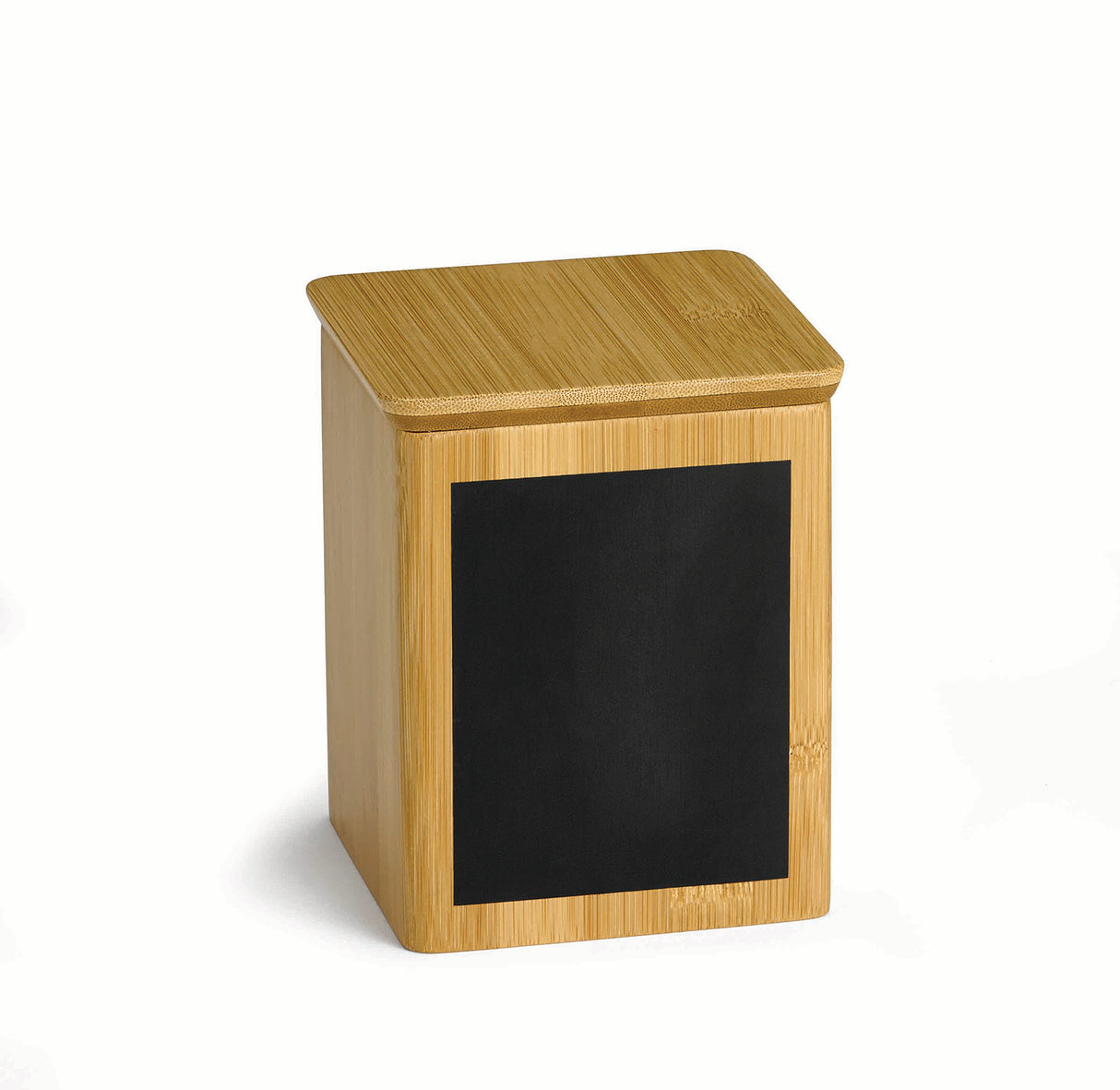 A rectangular bamboo storage container with a flat, matching lid. The front features a large, black write-on display chalkboard label for easy customization. The container is set against a plain white background.
