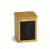 A rectangular bamboo storage container with a flat, matching lid. The front features a large, black write-on display chalkboard label for easy customization. The container is set against a plain white background.