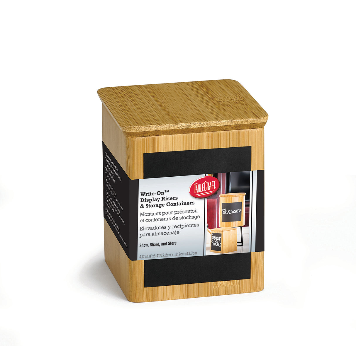 A rectangular bamboo storage container with a fitted lid sits on a white surface. Its black label reads Write-On Display Riser & Storage Containers, featuring the TableCraft logo and product details in English and French.