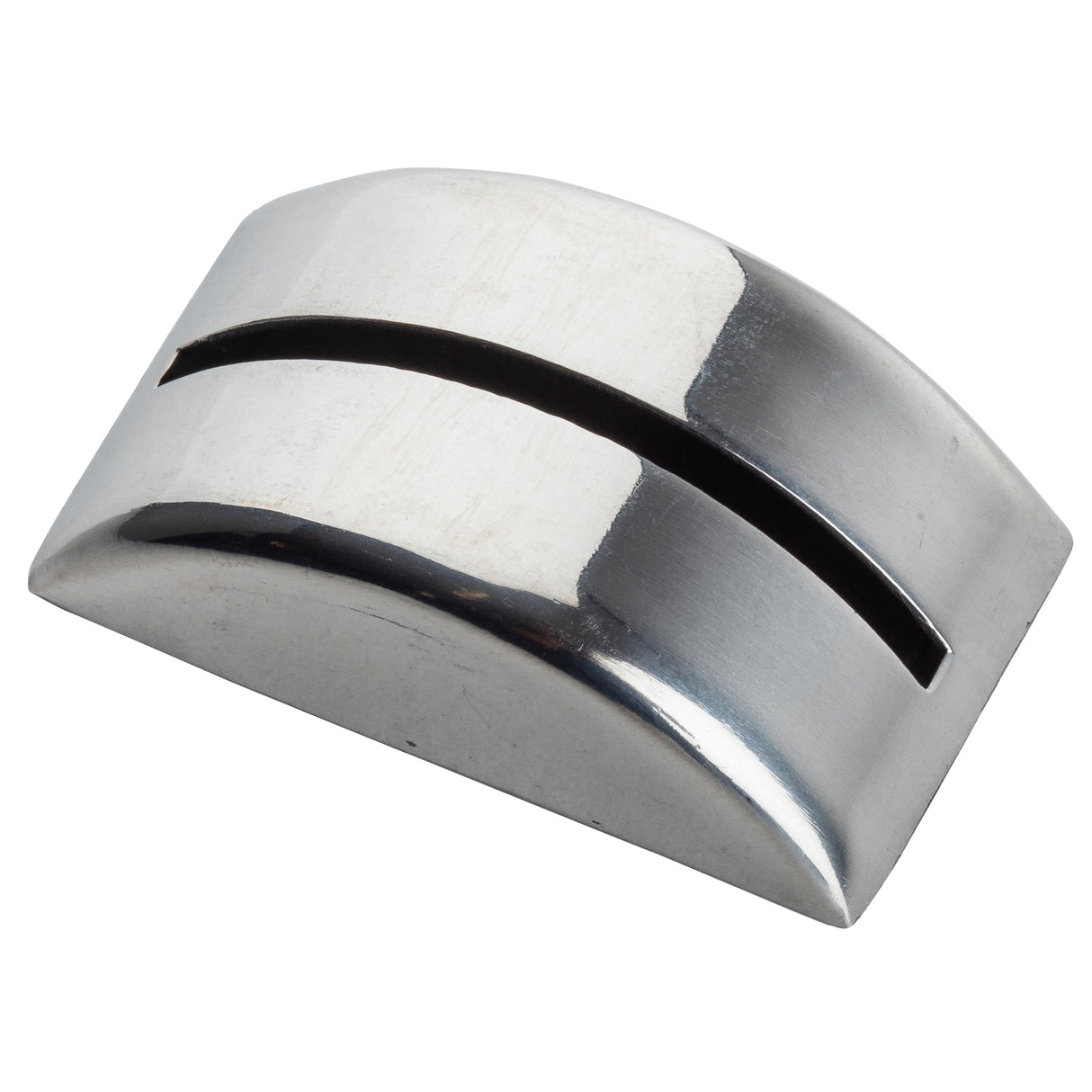 A sleek, curved stainless steel card holder with a shiny silver finish, featuring a single, wide horizontal slot across its top surface. The TableCraft object is photographed against a white background.