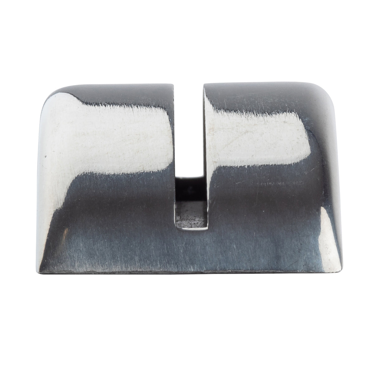 A shiny, metallic rectangular TableCraft card holder with rounded edges and a centered vertical groove. Made of stainless steel, its smooth, slightly brushed surface reflects light against a plain white background.
