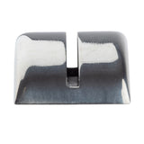 A shiny, metallic rectangular TableCraft card holder with rounded edges and a centered vertical groove. Made of stainless steel, its smooth, slightly brushed surface reflects light against a plain white background.