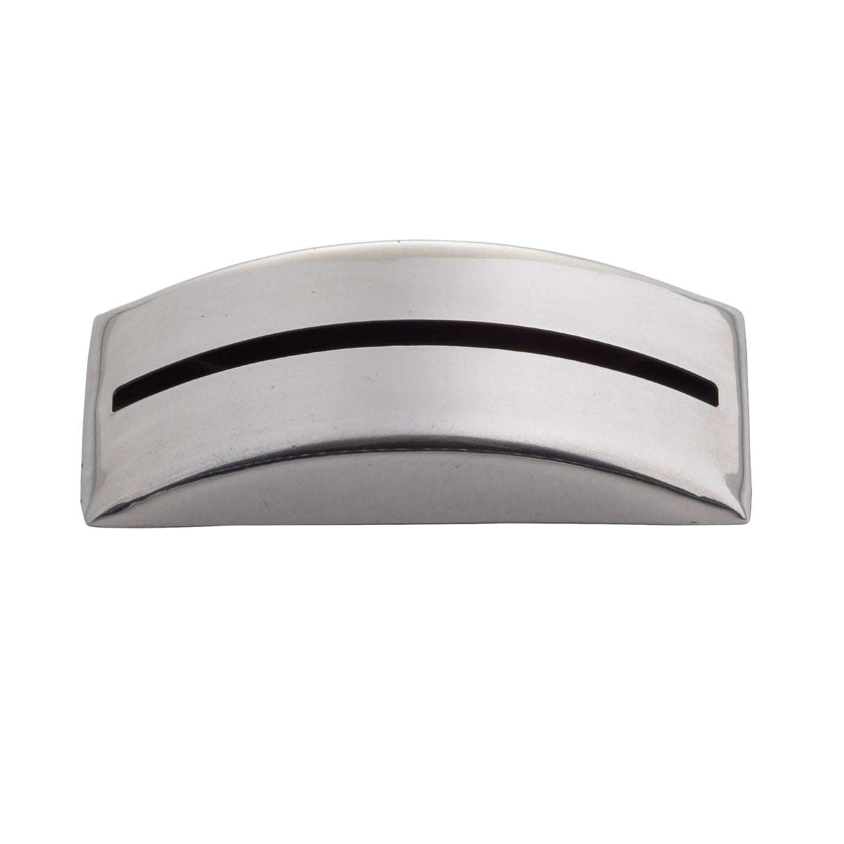 A silver TableCraft napkin holder, crafted from stainless steel with a curved top and a single horizontal slot for inserting napkins, is shown against a white background.
