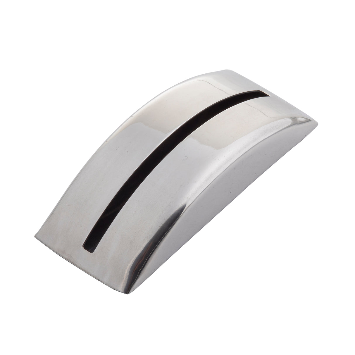A curved, shiny silver metal object made of stainless steel with a long, narrow slot running lengthwise near the center. The surface is reflective and smooth, and the object is photographed against a white background.